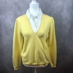 Lauren Ralph Lauren Sweater Womens Large‎ Cotton Linen Yellow White Pullover